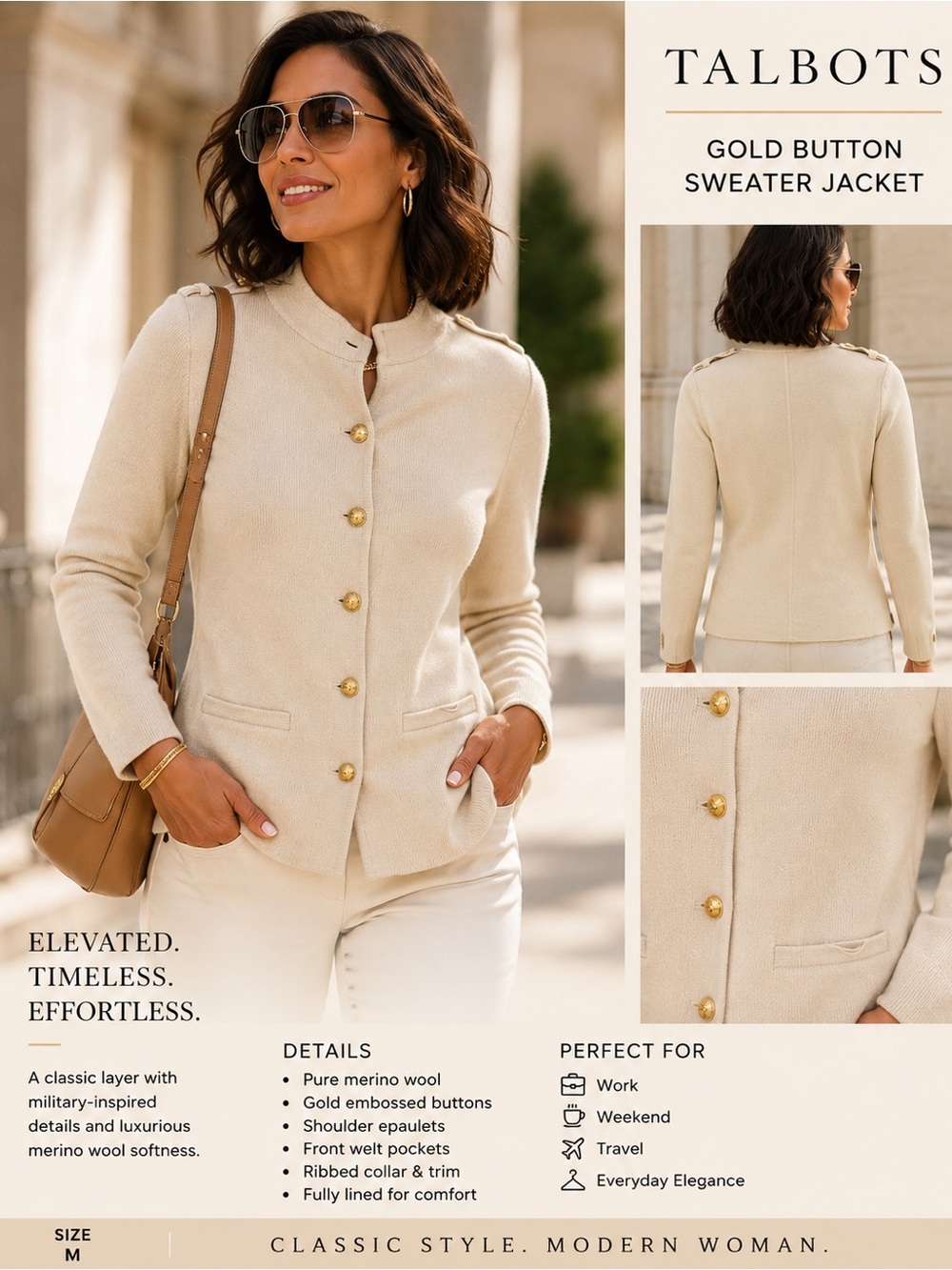 Talbots Cream Merino Gold-Button Sweater Jacket